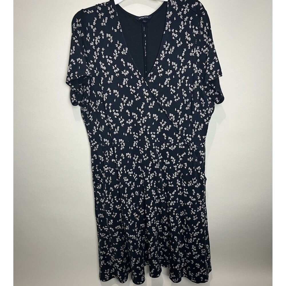 Lands’ End Black Tan Printed Faux Wrap Cap Sleeve Knee Length Dress 2X W/Pockets